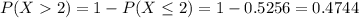 P(X  2) = 1 - P(X \leq 2) = 1 - 0.5256 = 0.4744