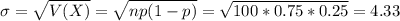 \sigma = \sqrt{V(X)} = \sqrt{np(1-p)} = \sqrt{100*0.75*0.25} = 4.33