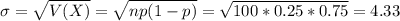 \sigma = \sqrt{V(X)} = \sqrt{np(1-p)} = \sqrt{100*0.25*0.75} = 4.33