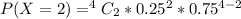 P(X=2) = ^4C_2 * 0.25^2 * 0.75^{4-2}