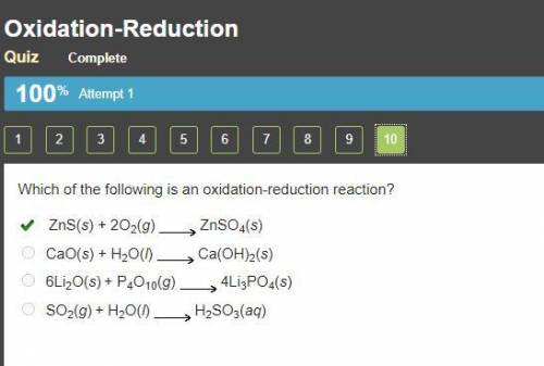 Which of the following is an oxidation-reduction reaction?

ZnS(s) + 2O2(g) Right arrow. ZnSO4(s)
Ca