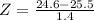 Z = \frac{24.6 - 25.5}{1.4}