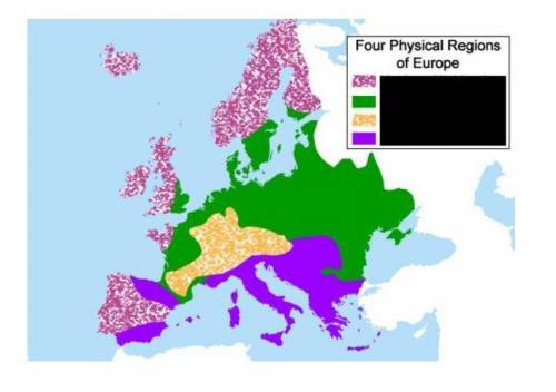 Locate the four physical regions of Europe by matching the region with its corresponding color.

1.T
