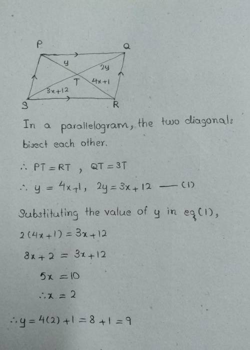 Find the values of x and y in parallelogram PQRS. PT=​y, TR=4x+​1, QT=2​y, TS=3x+12 In parallelogram