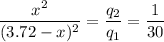\displaystyle \frac{x^2}{(3.72 - x)^{2}} = \frac{q_2}{q_1} = \frac{1}{30}