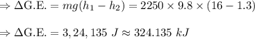 \Rightarrow \Delta \text{G.E.}=mg(h_1-h_2)=2250\times 9.8\times (16-1.3)\\\\\Rightarrow \Delta \text{G.E.}=3,24,135\ J\approx 324.135\ kJ