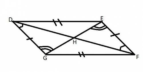 Given:  quadrilateral defg is a parallelogram. prove:  gh ≅ eh dh ≅ fh proof:  statement reason 1. q