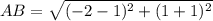AB = \sqrt{(-2 -1)^2 + (1+1)^2}