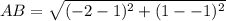 AB = \sqrt{(-2 -1)^2 + (1- -1)^2}