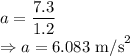 a=\dfrac{7.3}{1.2}\\\Rightarrow a=6.083\ \text{m/s}^2