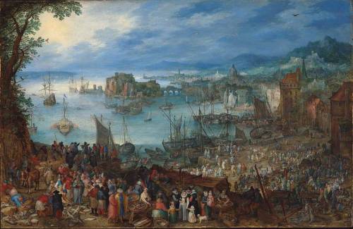 Consider this painting entitled great fish-market by bruegel