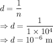 d=\dfrac{1}{n}\\\Rightarrow d=\dfrac{1}{1\times 10^4}\\\Rightarrow d=10^{-6}\ \text{m}