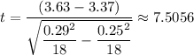 t=\dfrac{(3.63-3.37)}{\sqrt{\dfrac{0.29^{2} }{18}-\dfrac{0.25^{2}}{18}}} \approx 7.5056