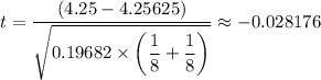 t=\dfrac{(4.25-4.25625)}{\sqrt{0.19682 \times \left(\dfrac{1 }{8}+\dfrac{1}{8}\right)}} \approx -0.028176