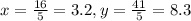 x=\frac{16}{5}=3.2,y=\frac{41}{5}=8.3