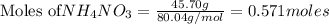 \text{Moles of} NH_4NO_3=\frac{45.70g}{80.04g/mol}=0.571moles