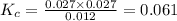 K_c=\frac{0.027\times 0.027}{0.012}=0.061