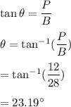 \tan\theta=\dfrac{P}{B}\\\\\theta=\tan^{-1}(\dfrac{P}{B})\\\\=\tan^{-1}(\dfrac{12}{28})\\\\=23.19^{\circ}