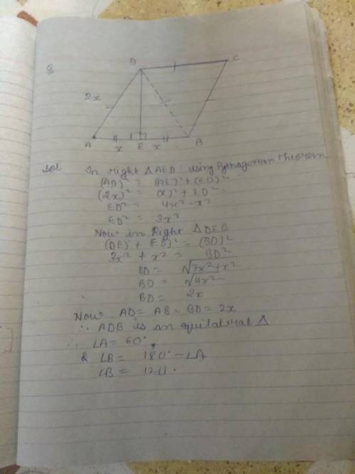 In a rhombus, an altitude from the vertex of an obtuse angle bisects the opposite side. Find the mea