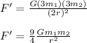 F' = \frac{G(3m_{1})(3m_{2})}{(2r)^2}\\\\F' = \frac{9}{4}\frac{Gm_{1}m_{2}}{r^2}