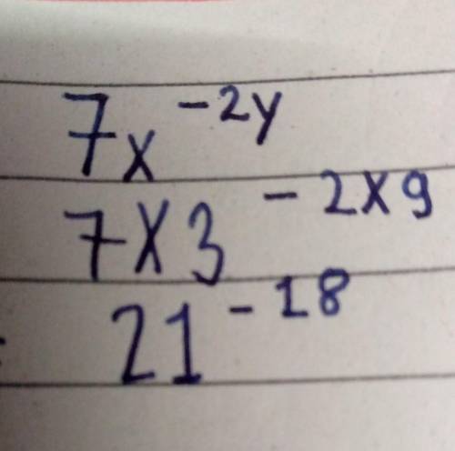 What is the solution given the expression 7x^-2y when x = 3 and y = 9?