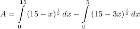\displaystyle A = \int\limits^{15}_0 {(15 - x)^{\frac{1}{2}}} \, dx - \int\limits^5_0 {(15 - 3x)^{\frac{1}{2}}} \, dx