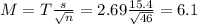 M = T\frac{s}{\sqrt{n}} = 2.69\frac{15.4}{\sqrt{46}} = 6.1