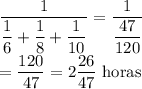 \dfrac{1}{\dfrac{1}{6}+\dfrac{1}{8}+\dfrac{1}{10}}=\dfrac{1}{\dfrac{47}{120}}\\ =\dfrac{120}{47}=2\dfrac{26}{47}\ \text{horas}