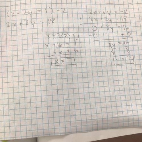 Solve the system of equations x – 3y = 1 and 2x + 2y = 18 by combining the
equations.