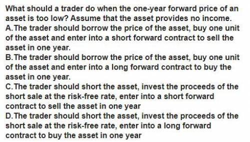 What should a trader do when the one-year forward price of an asset is too low? Assume that the asse