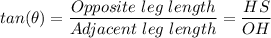 tan(\theta) = \dfrac{Opposite \ leg \ length}{Adjacent \ leg \ length} = \dfrac{HS}{OH}