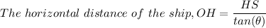 The \ horizontal \ distance \ of \ the \ ship, OH =   \dfrac{HS}{tan(\theta) }