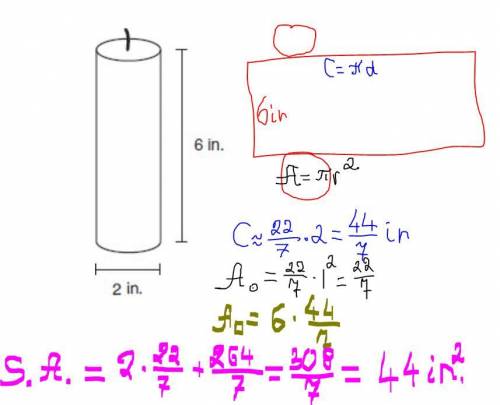 A cylindrical candle has a diameter of 2 inches and a height of 6 inches, as shown below.

Which is