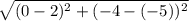 \sqrt{ (0-2)^2 + (-4-(-5))^2}