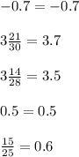 -0.7=-0.7\\\\3\frac{21}{30}=3.7\\\\3\frac{14}{28}=3.5\\\\0.5=0.5\\  \\\frac{15}{25}=0.6