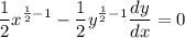 \displaystyle \frac{1}{2}x^{\frac{1}{2} - 1} - \frac{1}{2}y^{\frac{1}{2} - 1}\frac{dy}{dx} = 0
