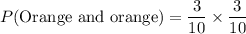 P(\text{Orange and orange})=\dfrac{3}{10}\times \dfrac{3}{10}