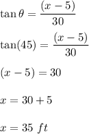 \tan\theta=\dfrac{(x-5)}{30}\\\\\tan(45)=\dfrac{(x-5)}{30}\\\\(x-5)=30\\\\x=30+5\\\\x=35\ ft