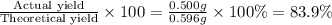 \frac{\text {Actual yield}}{\text {Theoretical yield}}\times 100=\frac{0.500g}{0.596g}\times 100\%=83.9\%