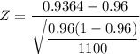Z = \dfrac{0.9364 - 0.96}{\sqrt{\dfrac{0.96(1-0.96)}{1100}}}