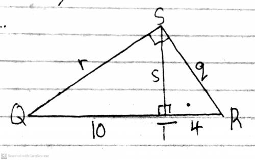 Triangle Q S R is shown. Angle Q S R is a right angle. Altitude s is drawn from point S to point T o