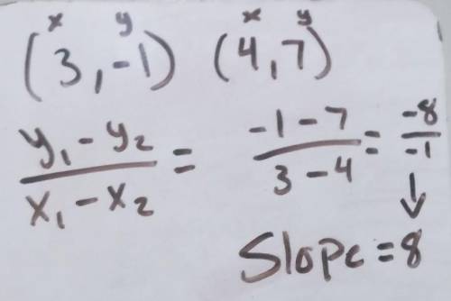 Complete the equation of the line through (3, -1) and (4, 7)
