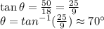 \tan \theta=\frac{50}{18}=\frac{25}{9}\\\theta=tan^{-1} (\frac{25}{9})\approx 70^\circ
