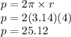 p = 2\pi \times r \\ p = 2(3.14)(4) \\ p = 25.12
