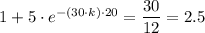 1 + 5\cdot e^{-(30\cdot k) \cdot 20} = \dfrac{30}{12} = 2.5