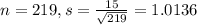 n = 219, s = \frac{15}{\sqrt{219}} = 1.0136