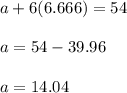 a+6(6.666)=54\\\\a=54-39.96\\\\a=14.04