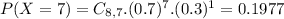 P(X = 7) = C_{8,7}.(0.7)^{7}.(0.3)^{1} = 0.1977