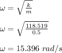 \omega = \sqrt{\frac{k}{m} } \\\\\omega =  \sqrt{\frac{118.519}{0.5} } \\\\\omega = 15.396 \ rad/s