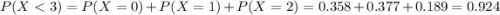 P(X < 3) = P(X = 0) + P(X = 1) + P(X = 2) = 0.358 + 0.377 + 0.189 = 0.924